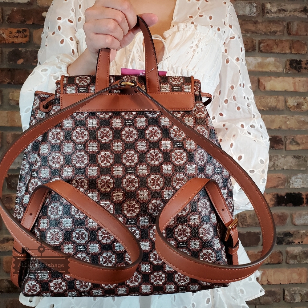 NWT AUTHENTIC Kate Spade Floral Monogram Coated Canvas Medium Backpack brown BAG - Picture 4 of 5